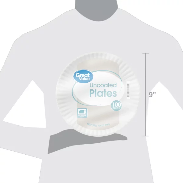 Great Value Uncoated, Microwave Safe, Disposable Paper Plates, 9", White, 100 Count