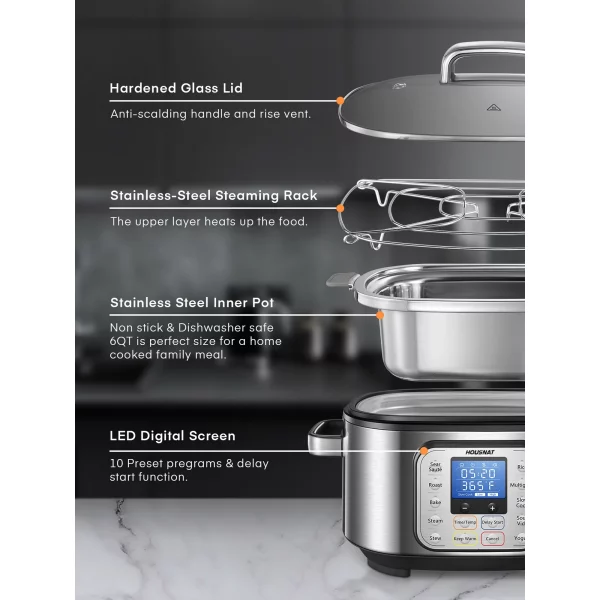 Slow Cooker, 10 in 1 Programmable Cooker, 6Qt Stainless Steel, Rice Cooker, Yogurt Maker, Delay Start, Steaming Rack and Glass Lid, Adjustable Temp&Time for Slow Cook with Digital Timer