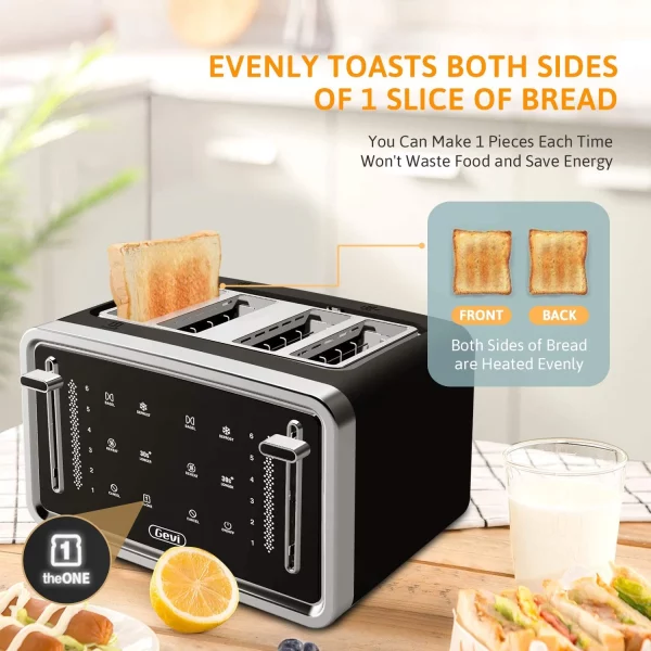 Gevi Toaster 4 Slice Toaster LED Digital Touch Screen Extra-Wide Slots Black + Silver