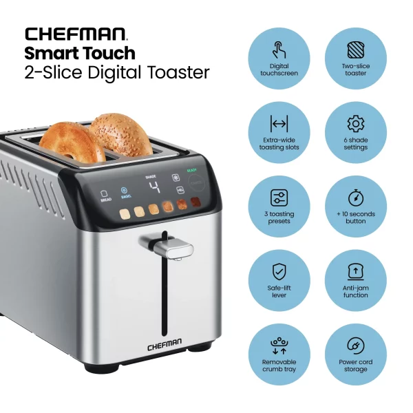 Chefman Smart Touch 2 Slice Digital Toaster, 6 Shade Settings, Stainless Steel, Removable Crumb Tray