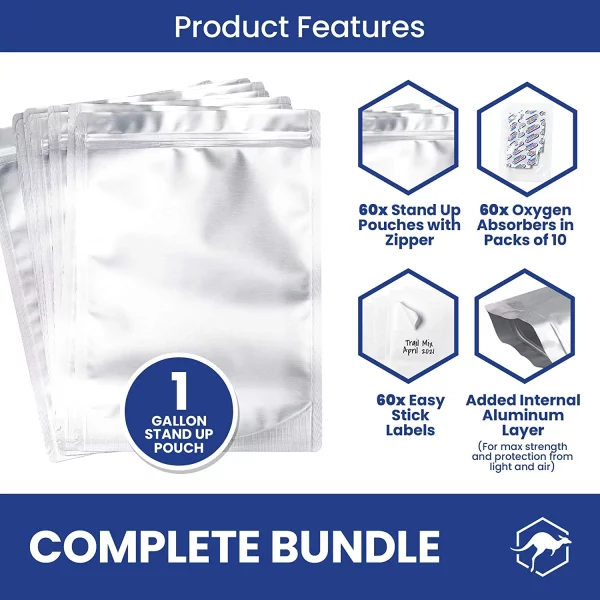 60 Wallaby Stand up Mylar Bags with Zipper Bundle 1 Gallon 7.5 Mil with 60 400cc Food Safe - Silver
