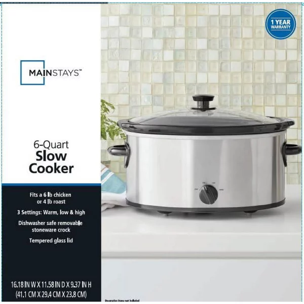 Mainstays 6 Quart Oval Slow Cooker, Stainless Steel Finish, Glass Lid, Model # MS54100112168S