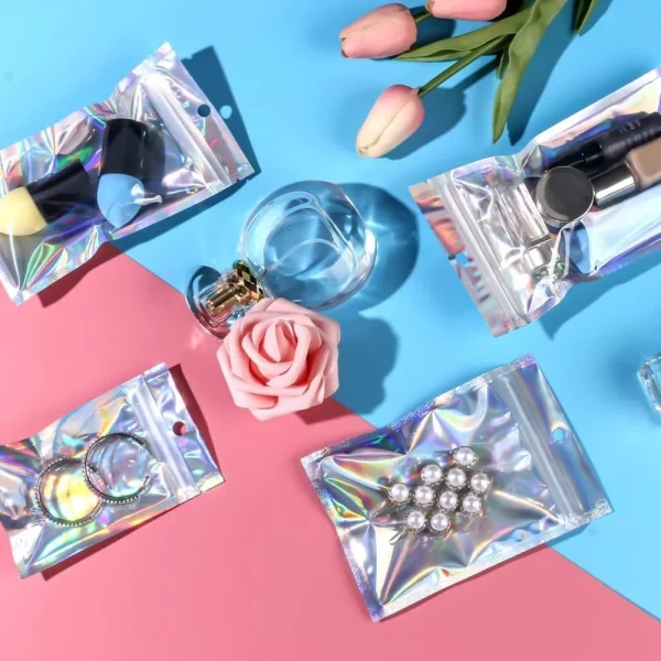 50pcs Holographic Foil Ziplock Bags 6x9 Inch, Small Mylar Sample Bags Aluminum Foil Packaging Plastic Ziplock Bag For Packaging Candy Jewelry Lash Lip Gloss