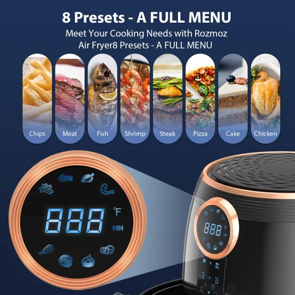 Rozmoz 5.2Qt Air Fryer, 8 Preset Oil-Less Frying Modes, Quickly Heating with Air Fryer Cookbook, Black