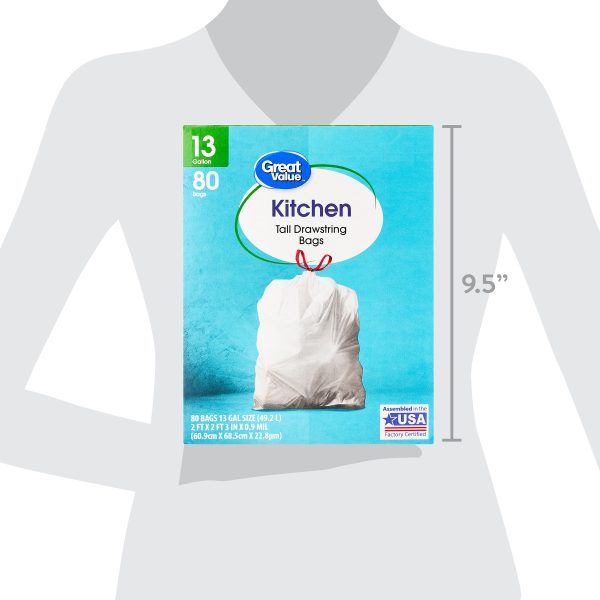 Great Value Kitchen Tall Drawstring Bags, 13 Gallon, 80 Count