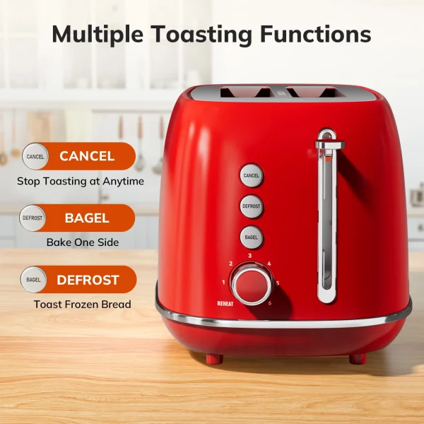 Keenstone Toaster, Retro 2 Slice Stainless Steel Toaster with Cancel, Defrost Fuction for Bread, Bagel, Wide Slots Revolution Toasters, Kitchen Appliances, Apartment Essentials Must Haves - Red