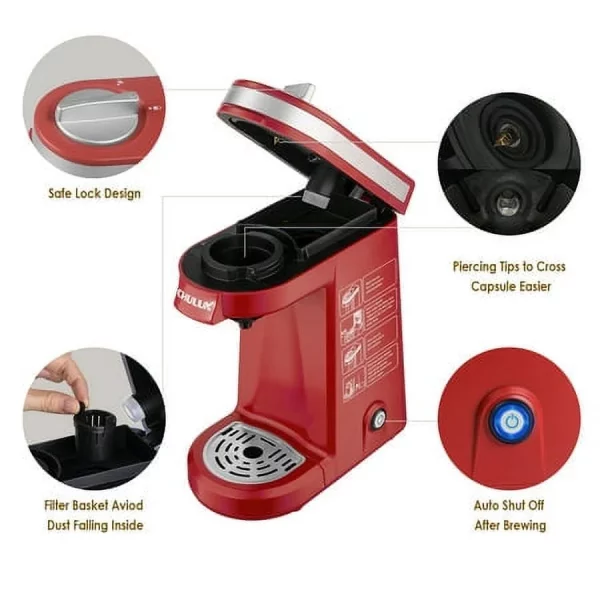 CHULUX Mini Coffee Maker Single Serve, Travel One Cup Pod Coffee Maker for K Cup & Ground Coffee, Coffee Machine with 5 to 12oz Brew Sizes, Red