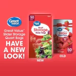 Great Value Fresh Seal Slider Zipper Bags, Quart Storage, 50 Count