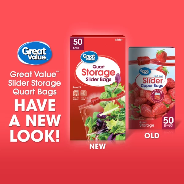 Great Value Fresh Seal Slider Zipper Bags, Quart Storage, 50 Count