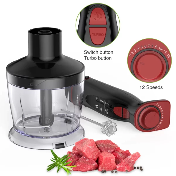 VAVSEA Immersion Hand Blender, 12-Speed Multi-Function Handheld Stick Blender with Stainless Steel Blades, Chopper, Beaker, 600ml, Whisk and Milk Frother for Baby Food/Smoothies/Puree, BPA Free