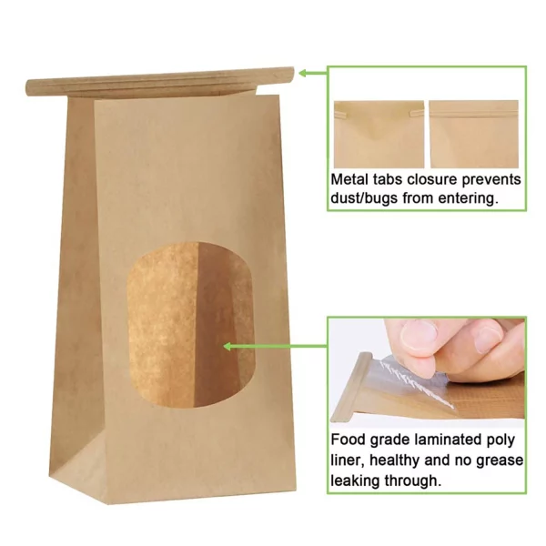 BagDream 50Pcs Brown Bakery Bags with Window, 3.54x2.36x6.7 inches Small Kraft Paper Bags Tin Tie Tab Lock Bags for Cookies, Popcorn, Bread, Party Favors
