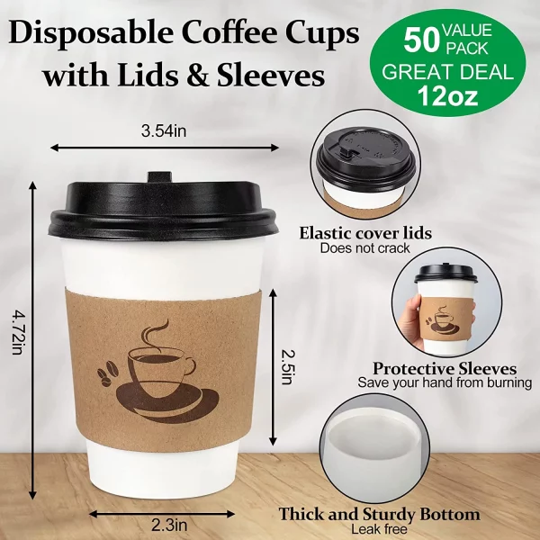 Disposable Paper Coffee Cups with Lids, Sleeve for Hot Beverages to Go Coffee Cups, 12 oz, 50 Count