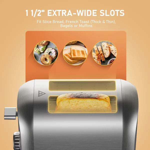 2 Slice Stainless Steel Toaster with Extra-Wide Slot, LED Display 7 Browning Settings, 850 W, Silver