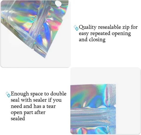50pcs Holographic Foil Ziplock Bags 6x9 Inch, Small Mylar Sample Bags Aluminum Foil Packaging Plastic Ziplock Bag For Packaging Candy Jewelry Lash Lip Gloss