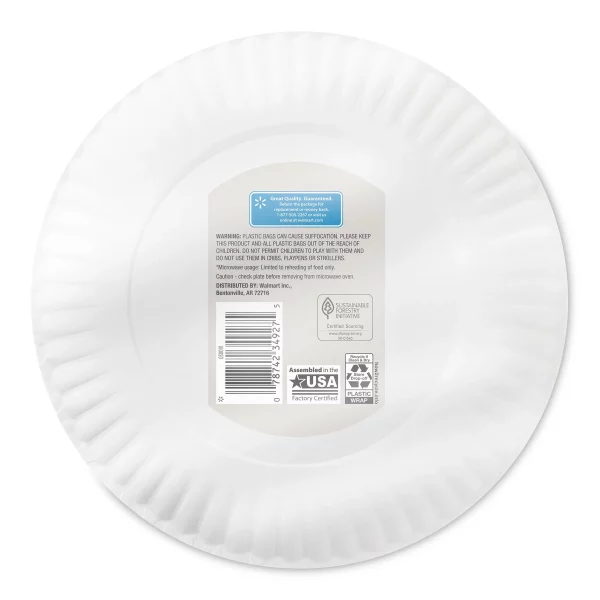 Great Value Uncoated, Microwave Safe, Disposable Paper Plates, 9", White, 100 Count