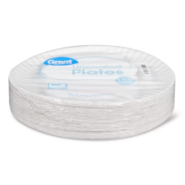 Great Value Uncoated, Microwave Safe, Disposable Paper Plates, 9", White, 100 Count