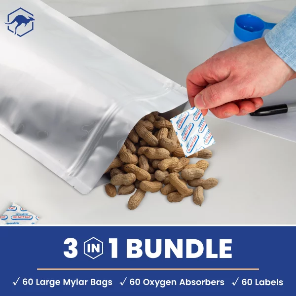 60 Wallaby Stand up Mylar Bags with Zipper Bundle 1 Gallon 7.5 Mil with 60 400cc Food Safe - Silver