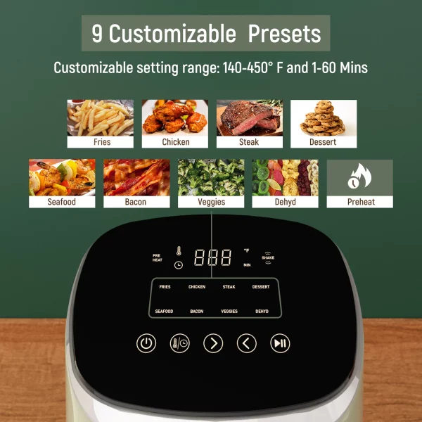 Air Fryer, Fabuletta 4.2QT Air Fryer Oven With 9 Customizable Smart Cooking Programs, Shake Reminder, 450°F Digital Airfryer,Tempered Glass Display, Nonstick & Dishwasher-Safe Basket