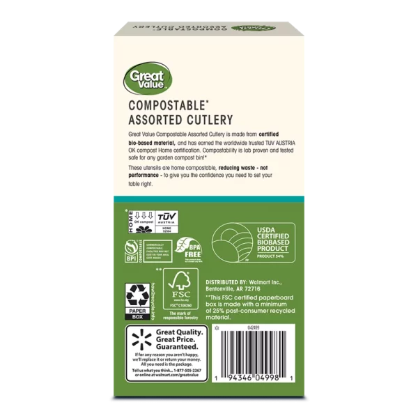 Great Value Disposable Compostable Assorted Cutlery, Beige, 24 Count