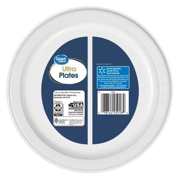 Great Value Ultra Disposable Paper Dinner Plates, White, 10 inch, 100 Plates, Patterned