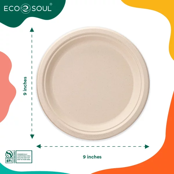 ECO SOUL 100% Compostable 9 inch Bagasse Paper Plates, 125 Counts | Heavy-Duty Disposable Plates | Eco-Friendly Made of Sugarcane Fibers-Natural Unbleached Biodegradable Plates