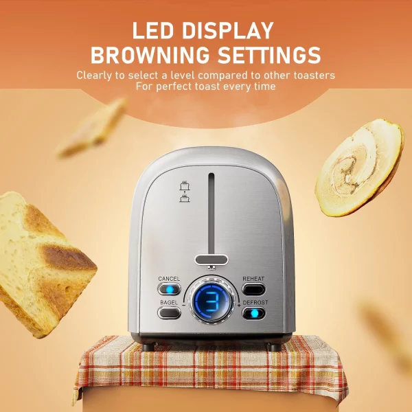 HadinEEon Toaster 2 Slice Stainless Steel 2 Slice Toaster with Extra-wide Slot, LED Display 7 Browning Settings, Bagel, Cancel, Defrost,and Reheat, 850W, 120V, Silver