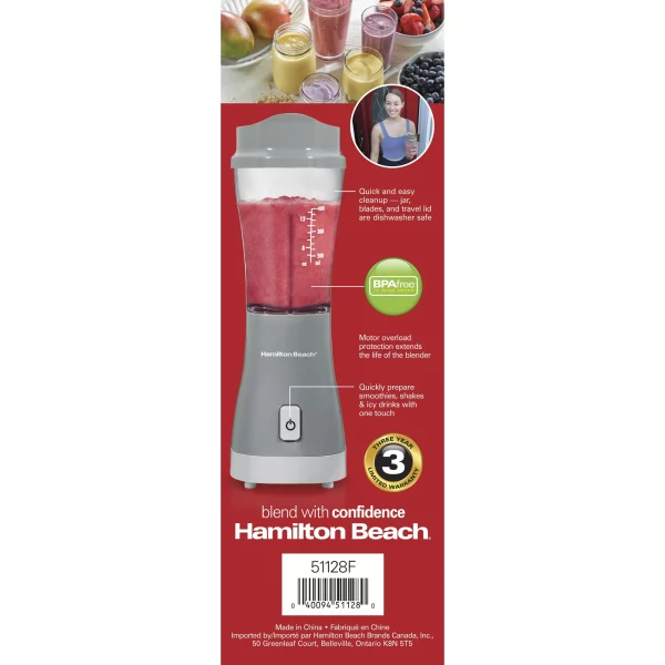 Hamilton Beach Single Serve Personal Smoothie Blender, 14 oz. Travel Cup and Lid, Gray, New, 51128F