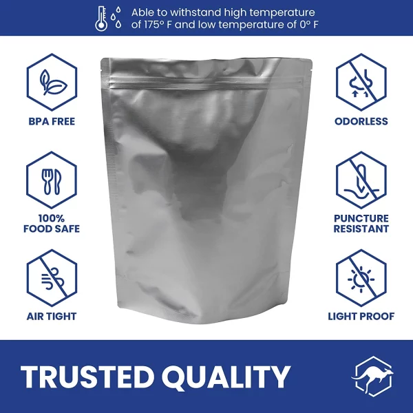 60 Wallaby Stand up Mylar Bags with Zipper Bundle 1 Gallon 7.5 Mil with 60 400cc Food Safe - Silver