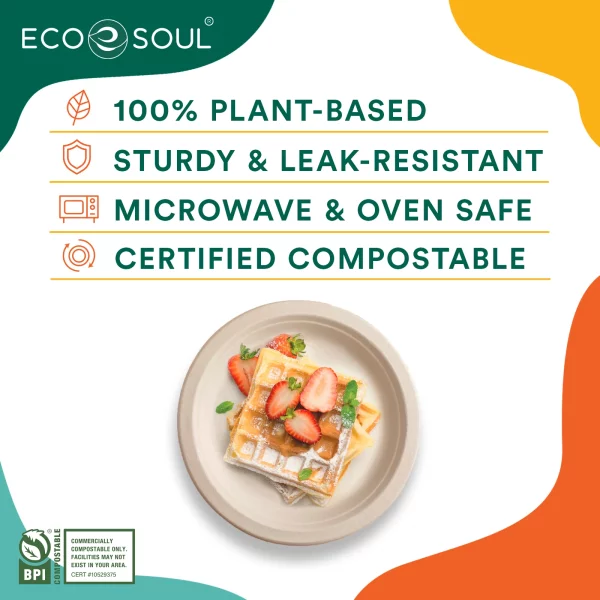 ECO SOUL 100% Compostable 9 inch Bagasse Paper Plates, 125 Counts | Heavy-Duty Disposable Plates | Eco-Friendly Made of Sugarcane Fibers-Natural Unbleached Biodegradable Plates
