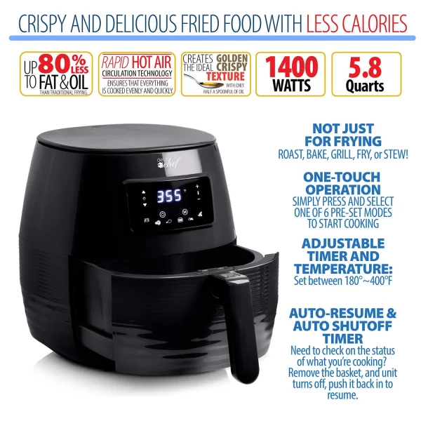 Deco Chef 5.8QT (19.3 Cup) Digital Electric Air Fryer with Accessories and Cookbook- Air Frying, Roasting, Baking, Crisping, and Reheating for Healthier and Faster Cooking (Black)