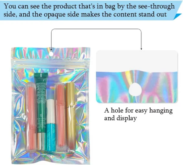 50pcs Holographic Foil Ziplock Bags 6x9 Inch, Small Mylar Sample Bags Aluminum Foil Packaging Plastic Ziplock Bag For Packaging Candy Jewelry Lash Lip Gloss