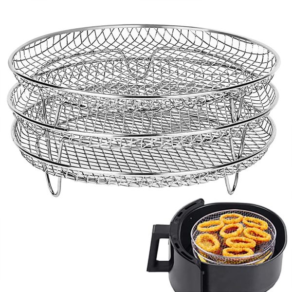 Round Air Fryer Basket Stainless Steel Air Fryer Accessories Air Fryer Racks Three Layer Stackable Dehydrator Racks Fit for 4.2Qt, 5.3Qt, 5.5Qt, 5.8Qt, 6.8Qt Air Fryer