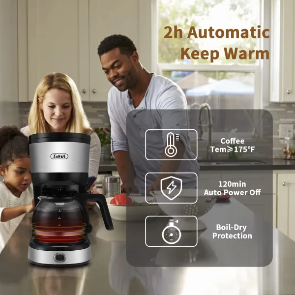 Gevi 4-Cup Coffee Maker with Auto-Shut off, Cone Filter, Stainless Steel Finish, 600ml