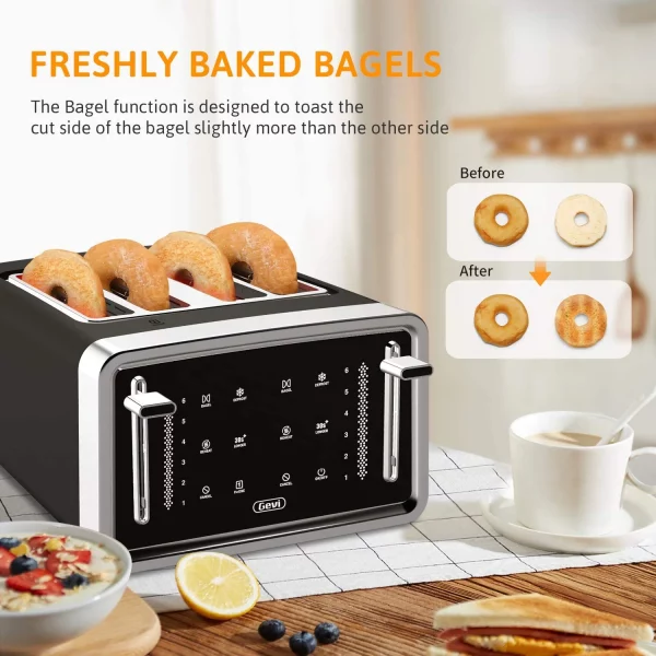 Gevi Toaster 4 Slice Toaster LED Digital Touch Screen Extra-Wide Slots Black + Silver