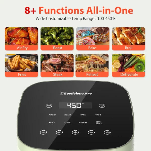 Air Fryer, Beelicious® 8-in-1 Smart Compact 4QT Air Fryers with Shake Reminder, 450°F Digital Airfryer with Flavor-Lock Tech, Tempered Glass Disaplay, Dishwahser-Safe&Nonstick,Fit for 2-4 People,Green