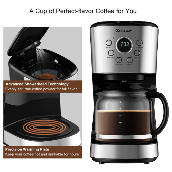 Costway 12-Cup Programmable Coffee Maker Brew Machine LCD Display w/ 1.8L Glass Carafe