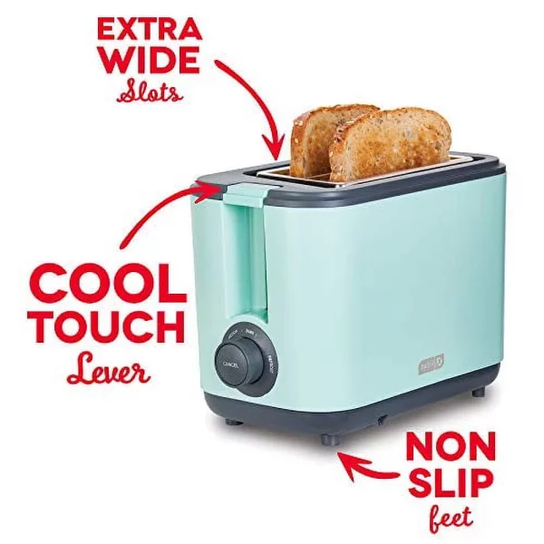 Dash DEZT001AQ 2 Slice Extra Wide Slot Easy Toaster with Cool Touch + Defrost Feature, for Bagels, Specialty Breads & other Baked Goods, Aqua