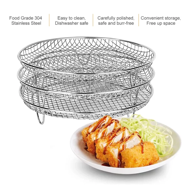 Round Air Fryer Basket Stainless Steel Air Fryer Accessories Air Fryer Racks Three Layer Stackable Dehydrator Racks Fit for 4.2Qt, 5.3Qt, 5.5Qt, 5.8Qt, 6.8Qt Air Fryer