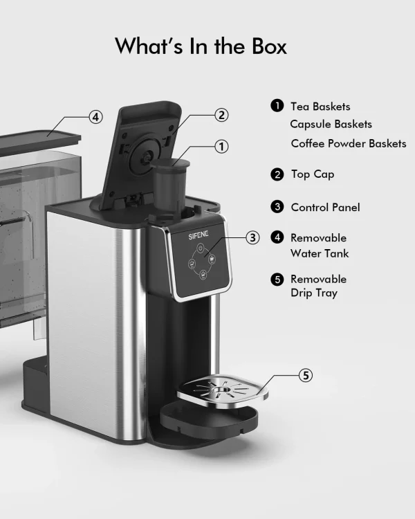 SIFENE Single Serve Coffee Maker, 3 in 1 Coffee Machine, Personal K-Pod Capsule Brewer for Ground Coffee & Loose Leaf Tea, 50oz Removable Water Reservoir, Black