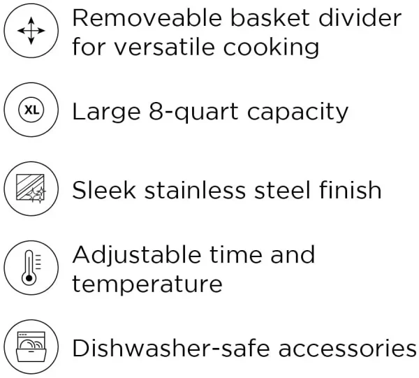 Chefman Turbo Fry Stainless Steel Air Fryer with Basket Divider, 8 Quart