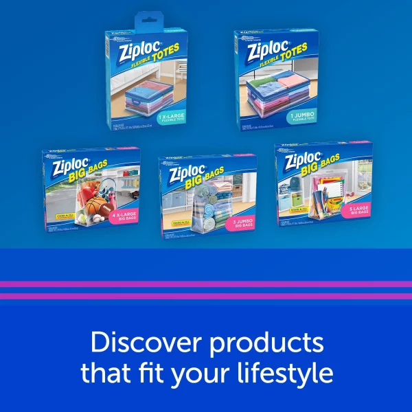 Ziploc® Big Bags, Large, Secure Double Zipper, 5 ct, Expandable Bottom, Heavy-Duty Plastic, Built-In Handles, Flexible Shape to Fit Where Storage Boxes Can't