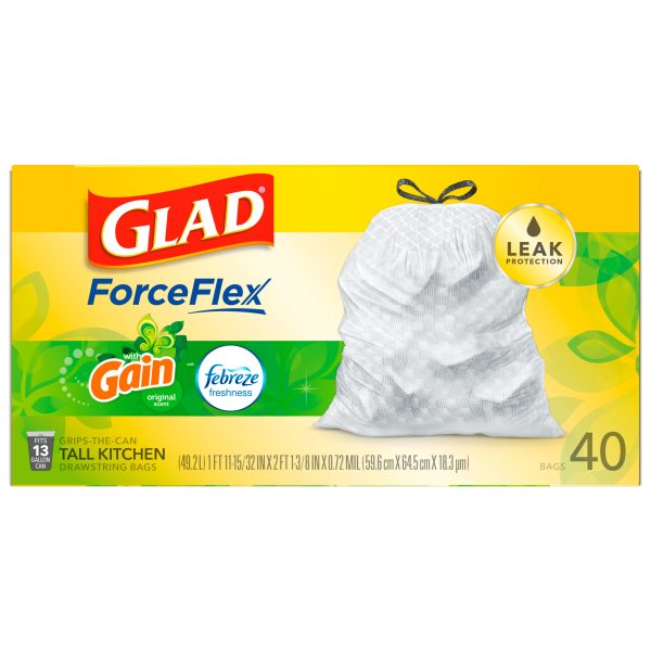 Glad ForceFlex Tall Kitchen Trash Bags, 13 Gallon, 40 Bags (Gain Original Scent, Febreze Freshness)