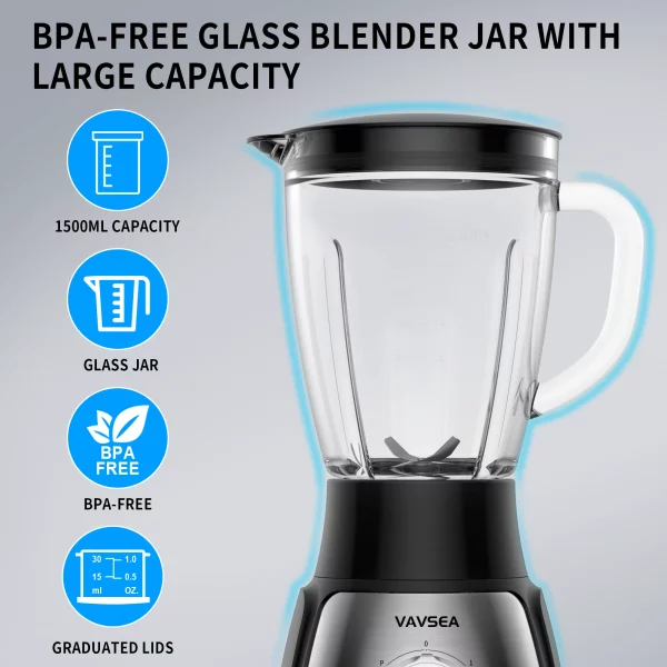 VAVSEA 1000W Countertop Blender for Shake and Smoothies, with 51oz Glass Jar & 20oz Travel Cup, 5 Speed Multifunctional Blenders for Kitchen Ice Crush Fruit Protein Drinks Vegetable, Silver