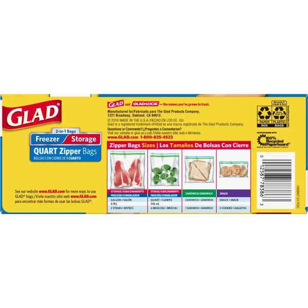 Glad Zipper Food & Freezer Storage Quart Bags, 46 Count