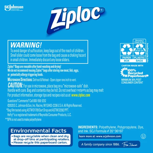 Ziploc Brand Slider Storage Quart Bags with Power Shield Technology, 20 Count