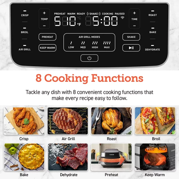 Cosori New Indoor Grill, Smart XL Air Fryer Combo Aeroblaze, 8-in-1, 6 Quart Voice Control, Black