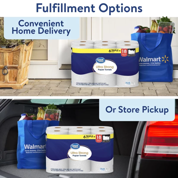 Great Value Ultra Strong Paper Towels, White, 6 Double Rolls