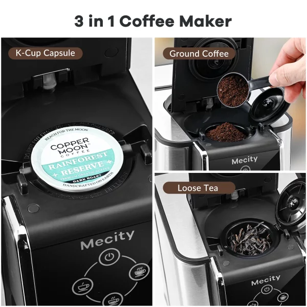 Mecity Coffee Maker 3-in-1 Single Serve Coffee Machine, For K-Cup Coffee Capsule Pod, Ground Coffee Brewer, Loose Tea maker, 6 to 10 Ounce Cup, Removable 50 Oz Water Reservoir, 120V 1150W,Black