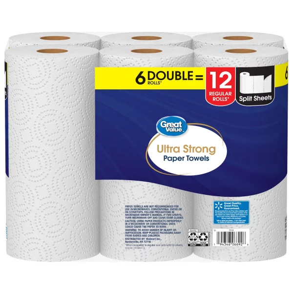 Great Value Ultra Strong Paper Towels, White, 6 Double Rolls
