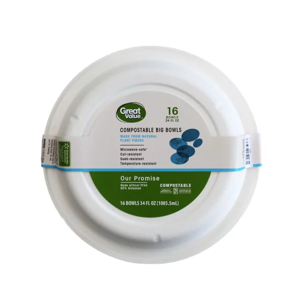 Great Value Compostable, Microwave Safe, Cut Resistent, Soak Resistant, Temperature Resistant, Disposable Paper Bowls, 34 oz, White, 16 Count